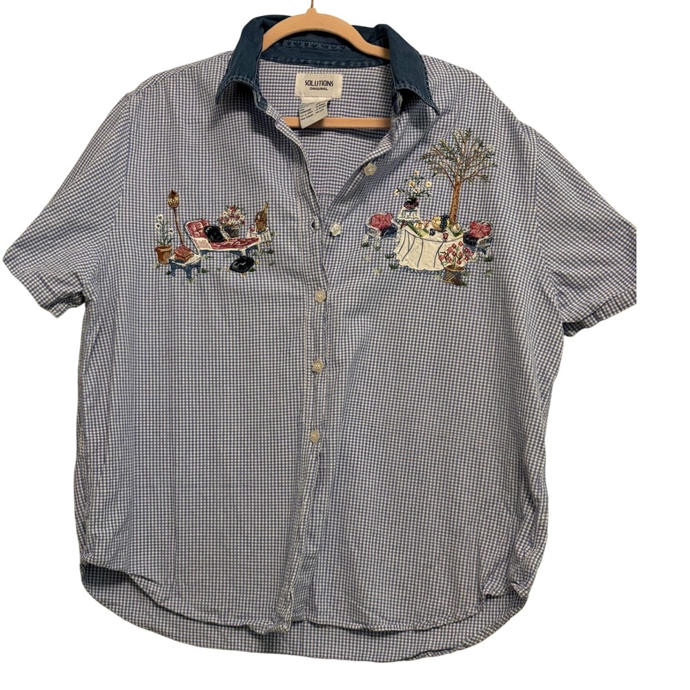 Solutions Original Vintage Embroidered Gingham Button Down CottageCore‎ Size XL